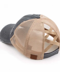 CC Beanie High Ponytail Hat- Distressed Charcoal/Beige