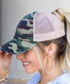 CC Beanie High Ponytail Hat- Olive Camo/Beige