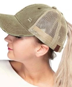 CC Beanie High Ponytail Hat- Olive/Beige Apparel & Accessories